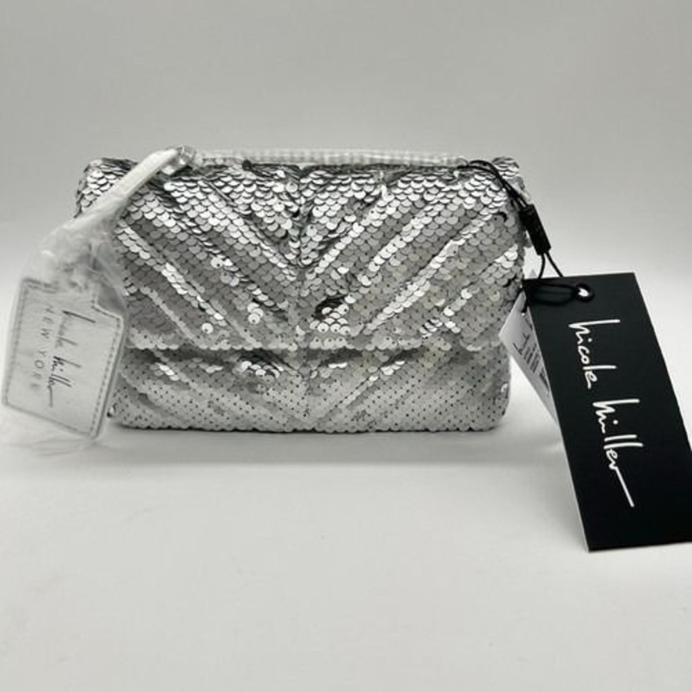 Nicole Miller Silver Sequin Crossbody Bag Chain Strap Convertible Clutch NEW